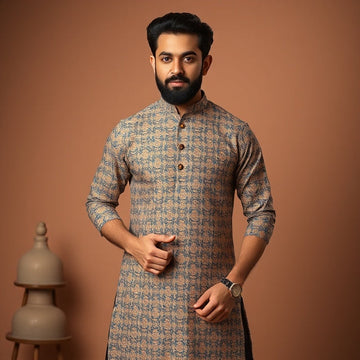 Men's kurta in cotton, silk, and linen fabric, featuring traditional and modern styles for casual, festive, and wedding occasions.