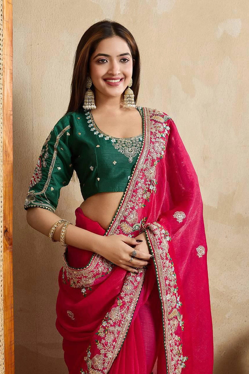 Paired with a Mono Banglory silk unstitched blouse piece that complements the saree perfectly, it offers versatility and comfort. The saree’s soft, luxurious drape makes it a perfect choice for parties and weddings.