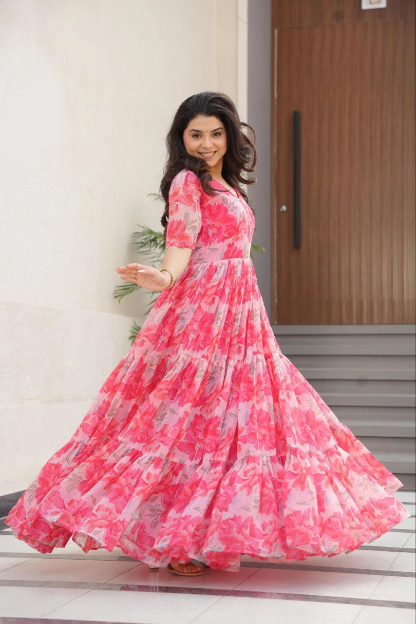 Half sleeve printed gown with 12-meter flare