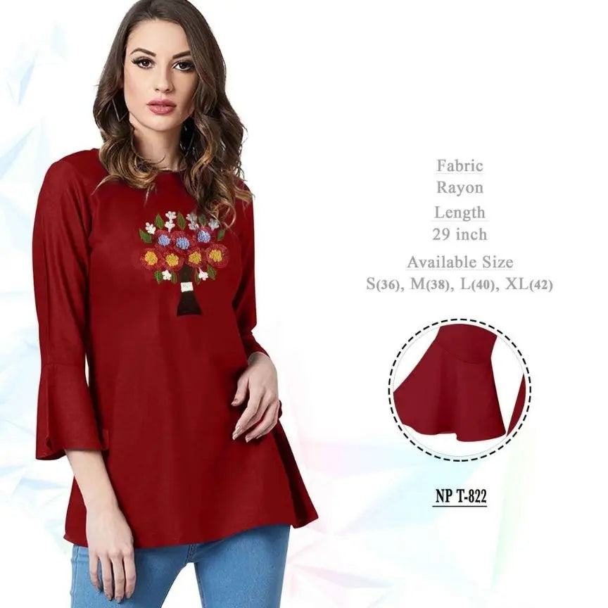 Casual Bell Sleeves Embroidered Women Maroon Top - NextBuy