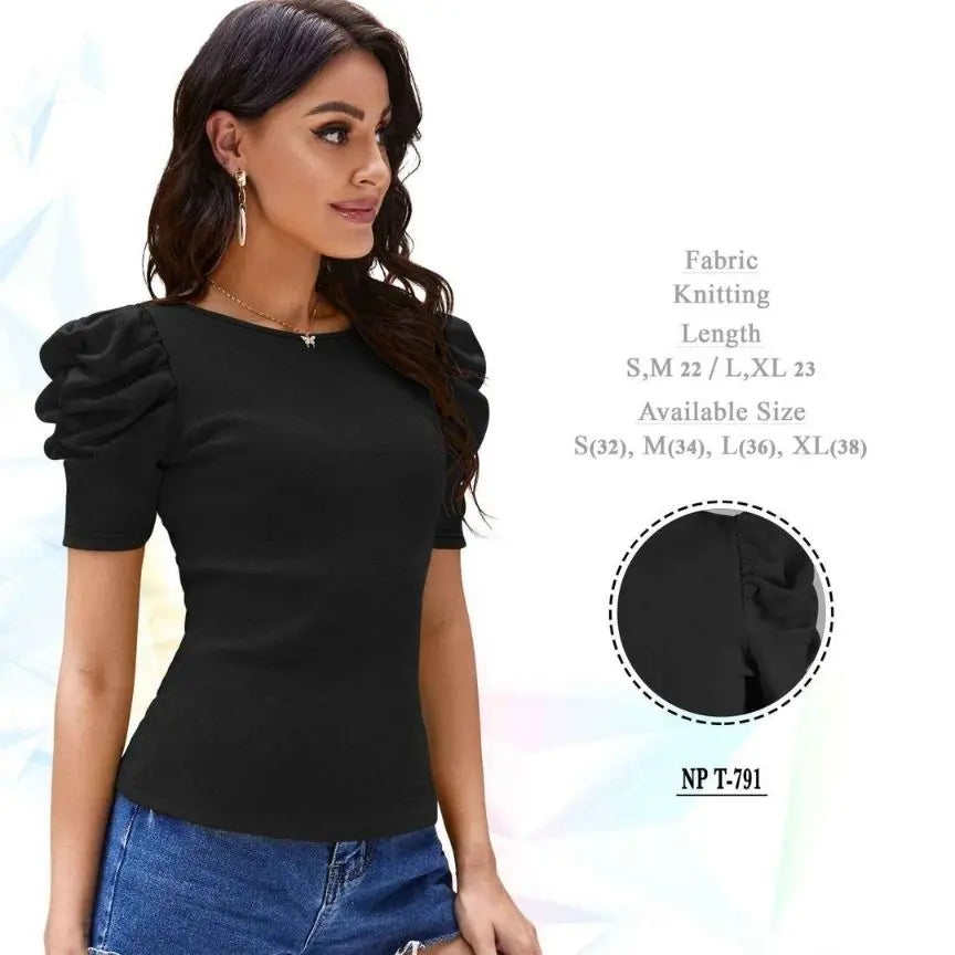 Casual Lycra Blend Round Neck Puff Half Sleeves Solid Black Color Regular Crop Top for Women’s and Girls - NextBuy