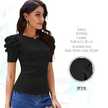 Casual Lycra Blend Round Neck Puff Half Sleeves Solid Black Color Regular Crop Top for Women’s and Girls - NextBuy