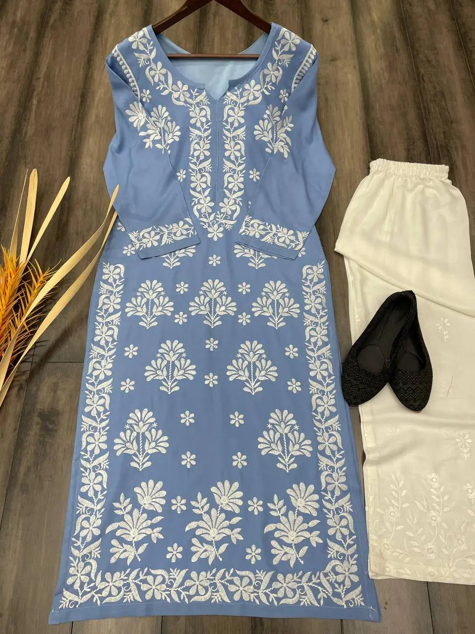 Powder Blue Rayon Cotton Chikankari Kurta - NextBuy