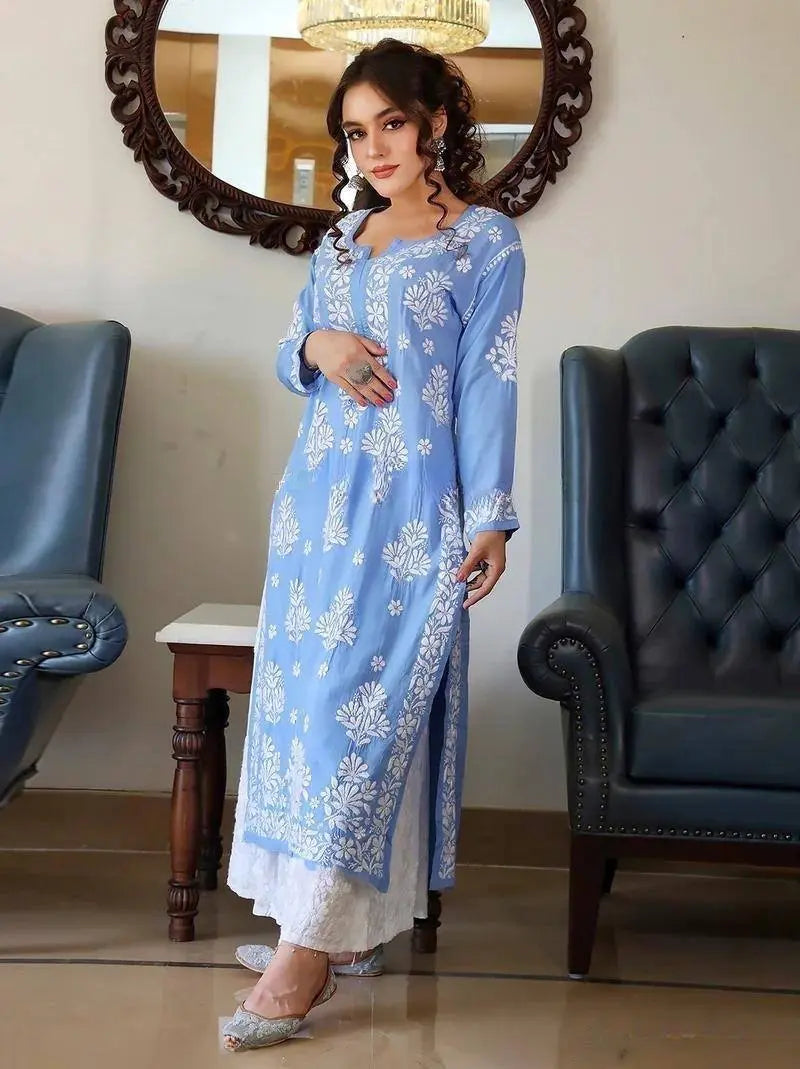 Powder Blue Rayon Cotton Chikankari Kurta - NextBuy
