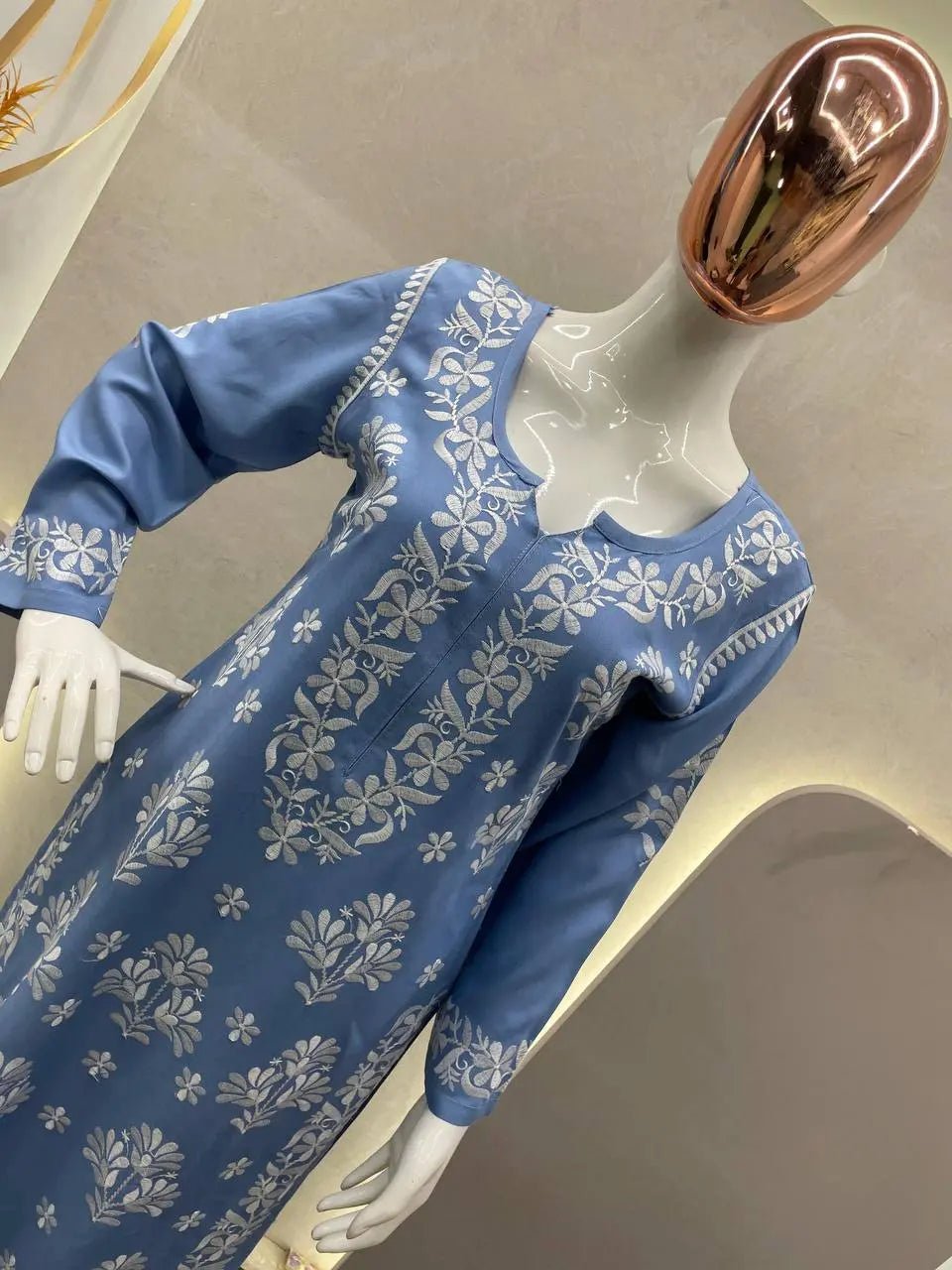 Powder Blue Rayon Cotton Chikankari Kurta - NextBuy