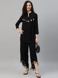 Tunic and Trousers Black solid Tunic has round neck Three Quarter sleeve full placket and regular waist hem Black solid mid-rise Trousers has Slip on closure - NextBuy