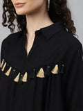Tunic and Trousers Black solid Tunic has round neck Three Quarter sleeve full placket and regular waist hem Black solid mid-rise Trousers has Slip on closure - NextBuy