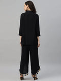 Tunic and Trousers Black solid Tunic has round neck Three Quarter sleeve full placket and regular waist hem Black solid mid-rise Trousers has Slip on closure - NextBuy