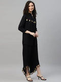 Tunic and Trousers Black solid Tunic has round neck Three Quarter sleeve full placket and regular waist hem Black solid mid-rise Trousers has Slip on closure - NextBuy