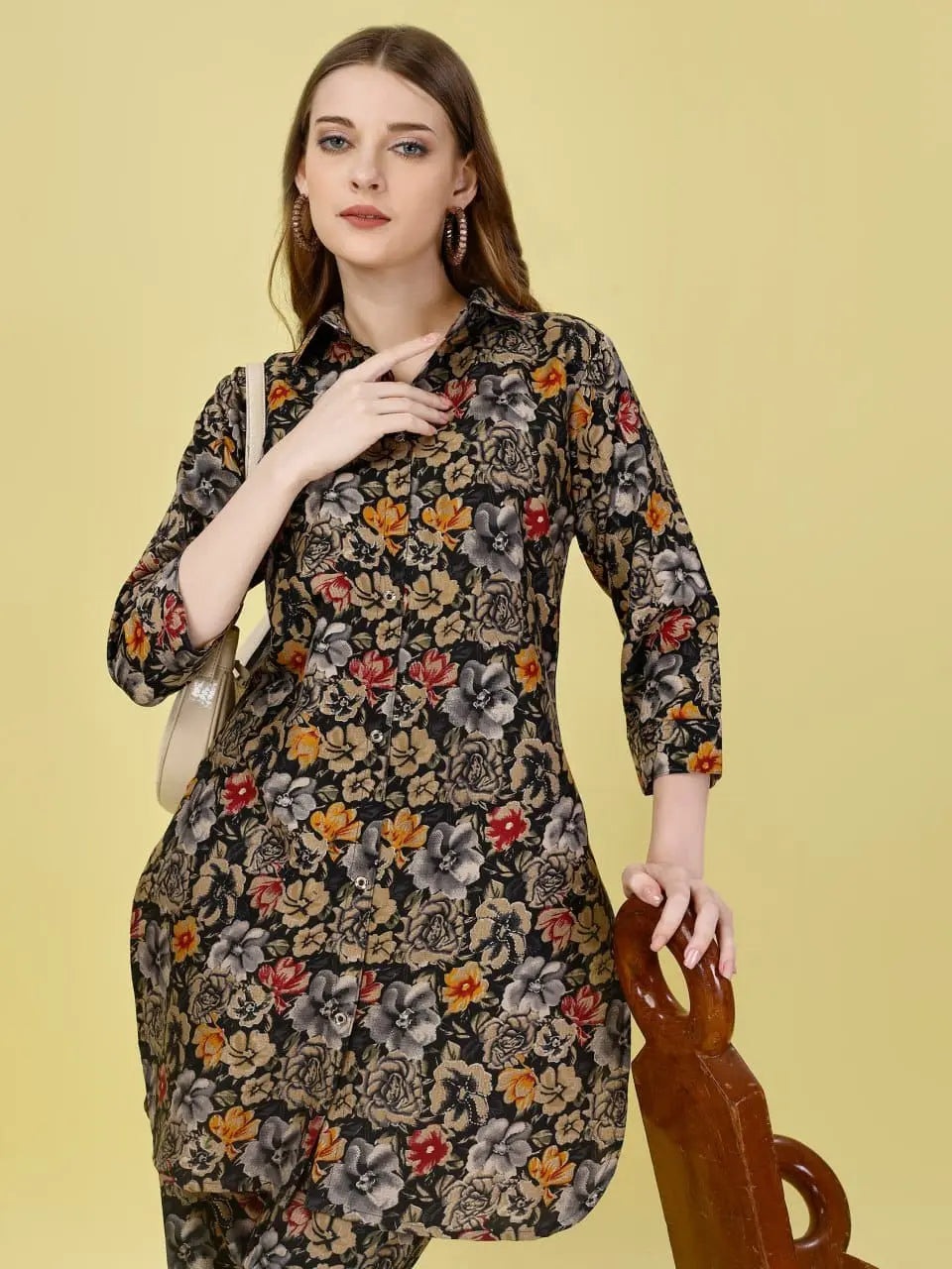Floral Printed Cotton Rayon Black Colored Shirt Styled Co-Ords Set - NextBuy