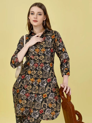 Floral Printed Cotton Rayon Black Colored Shirt Styled Co-Ords Set - NextBuy