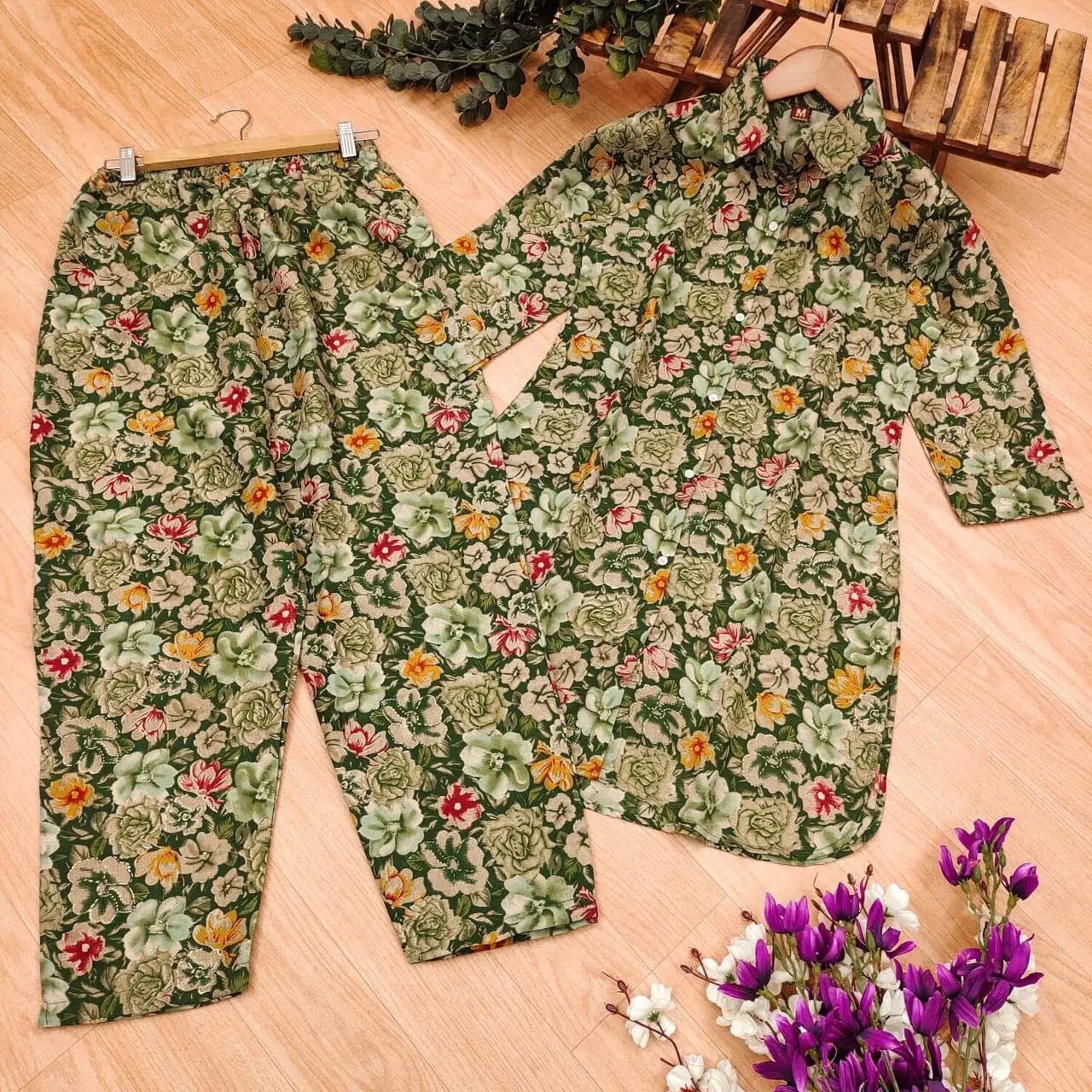 Floral Printed Cotton Rayon Black Colored Shirt Styled Co-Ords Set - NextBuy