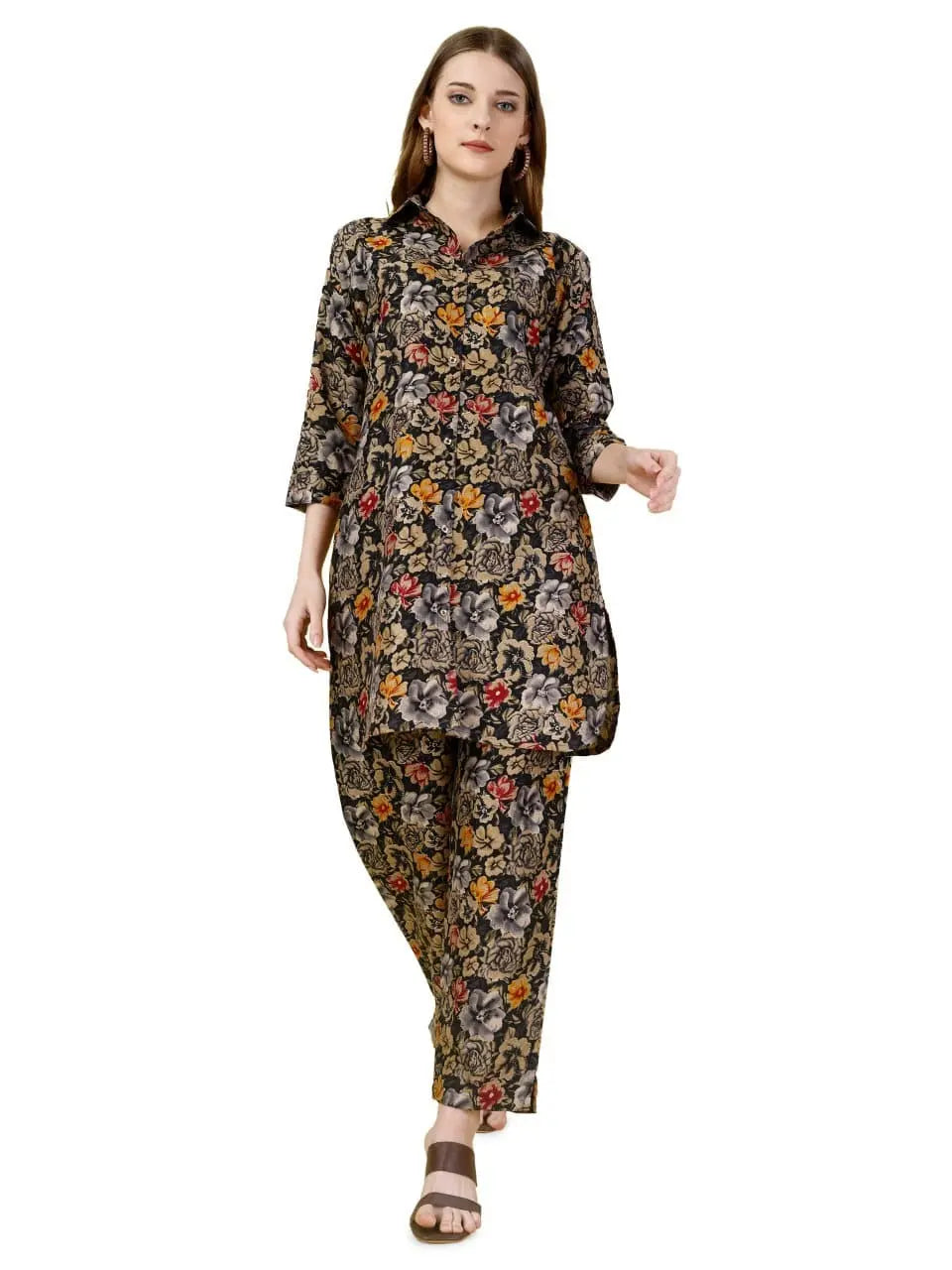 Floral Printed Cotton Rayon Black Colored Shirt Styled Co-Ords Set - NextBuy