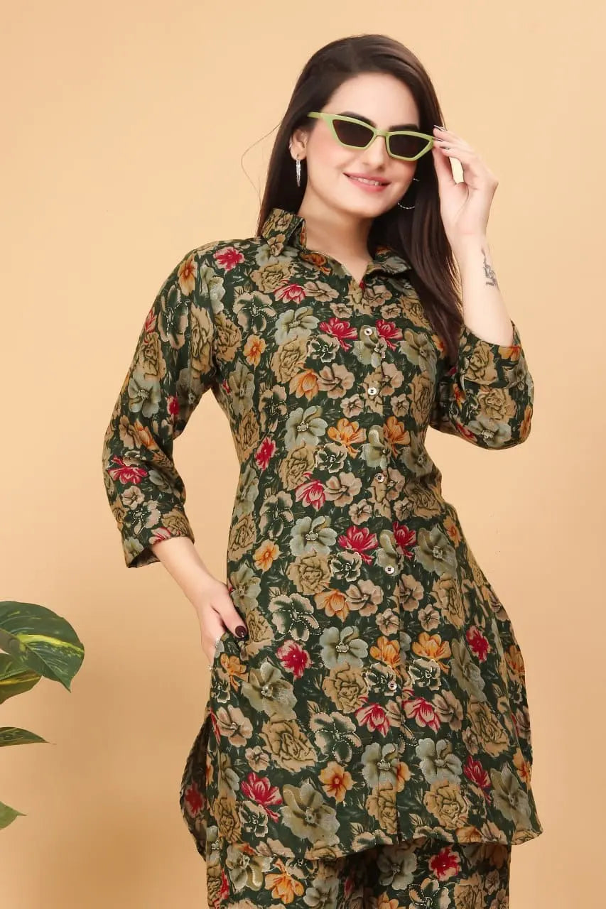 Floral Printed Cotton Rayon Black Colored Shirt Styled Co-Ords Set - NextBuy