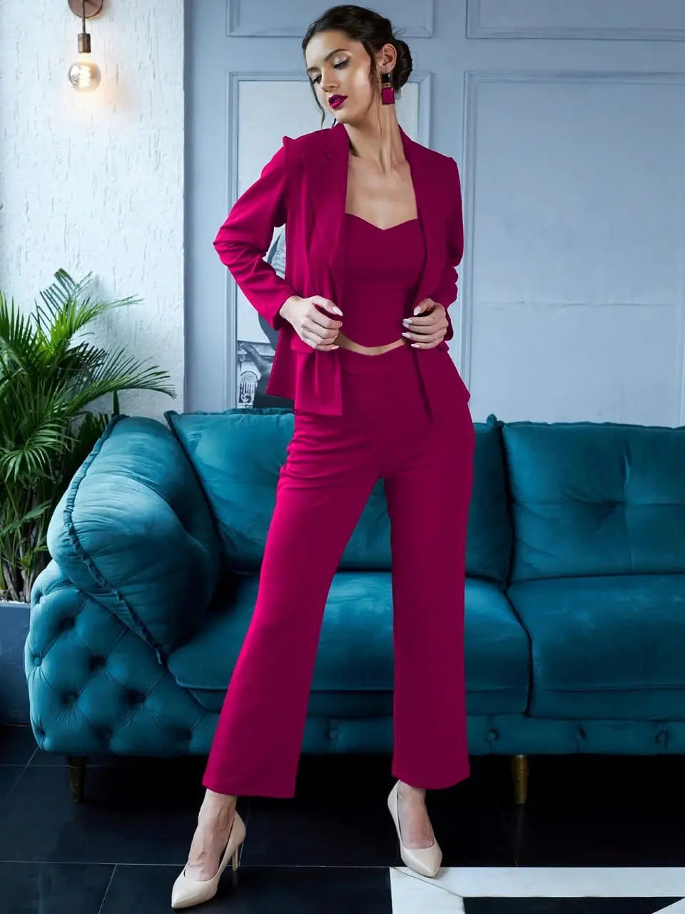 Square Women's Lycra Solid Three Piece Outfits Blazer Co-Ord Set Women Square Women's Lycra Solid Three Piece Outfits Blazer Co-Ord Set Women