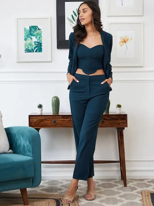 Square Women's Lycra Solid Three Piece Outfits Blazer Co-Ord Set Women Outdoor Wear Maxi Dress Crop top Party Dress Stylish Latest Dresses - NextBuy