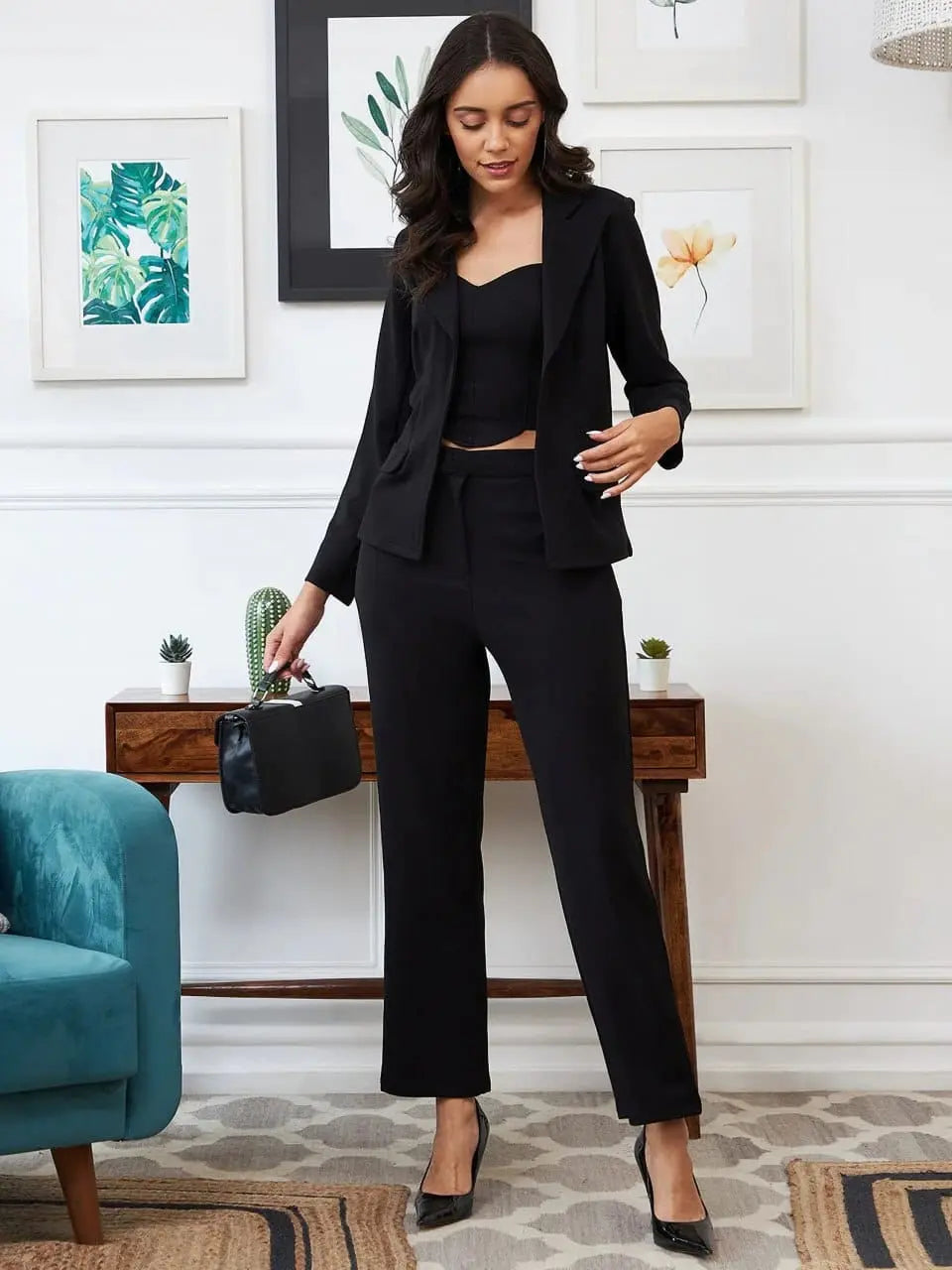 Square Women's Lycra Solid Three Piece Outfits Blazer Co-Ord Set Women