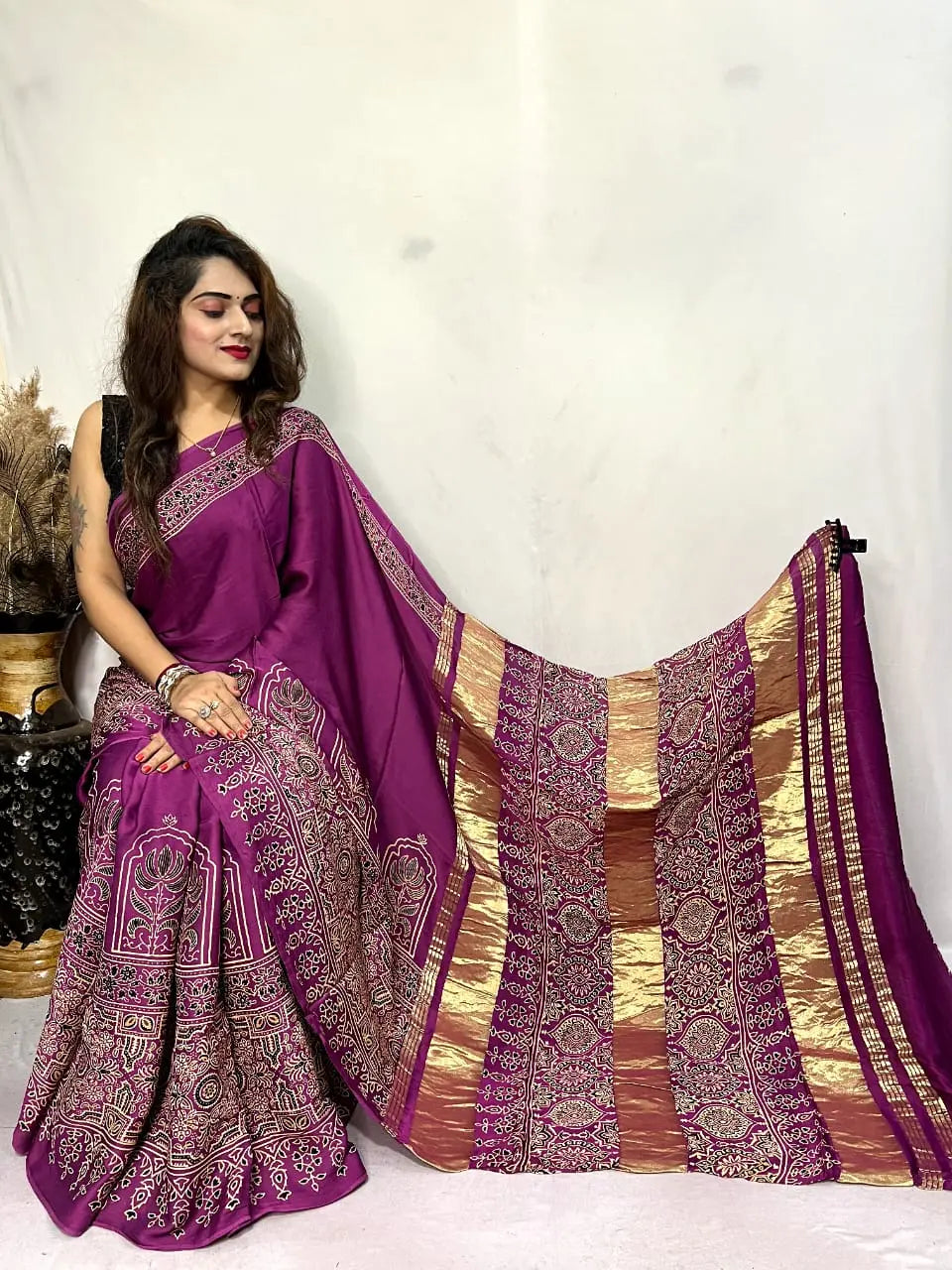 Beautiful Designer Pure Lagdi Gajji Soft Silk Ajrakh Bandhej Saree - NextBuy