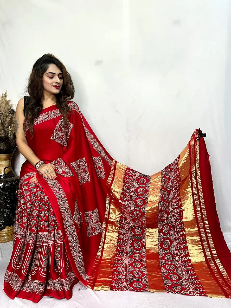 Beautiful Designer Pure Lagdi Gajji Soft Silk Ajrakh Bandhej Saree - NextBuy