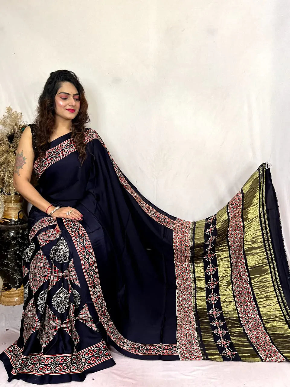 Beautiful Designer Pure Lagdi Gajji Soft Silk Ajrakh Bandhej Saree - NextBuy