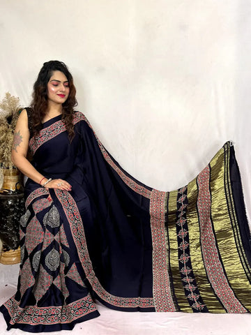 Beautiful Designer Pure Lagdi Gajji Soft Silk Ajrakh Bandhej Saree - NextBuy