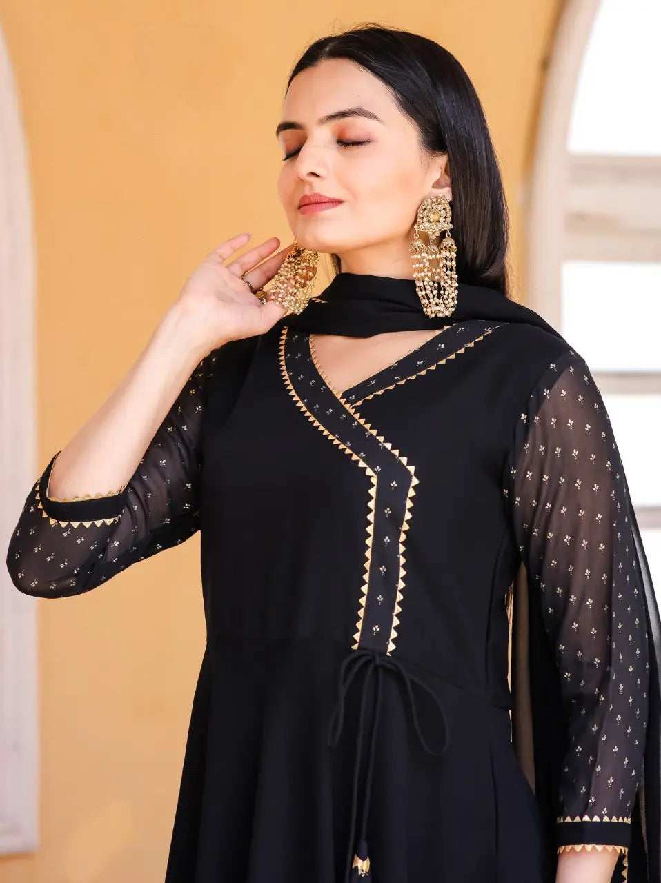 Foil Printed Angrakha Kurta With Handmade Latkan And Dupatta - NextBuy