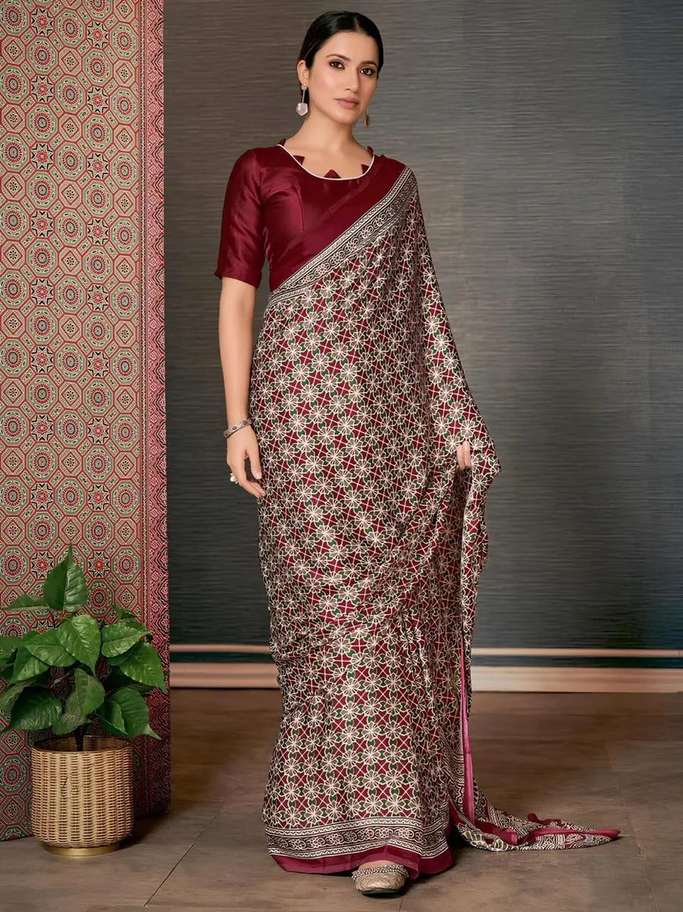 Ajrakh Digital Print Chinon Fabric Saree With Very Soft in Texture - NextBuy