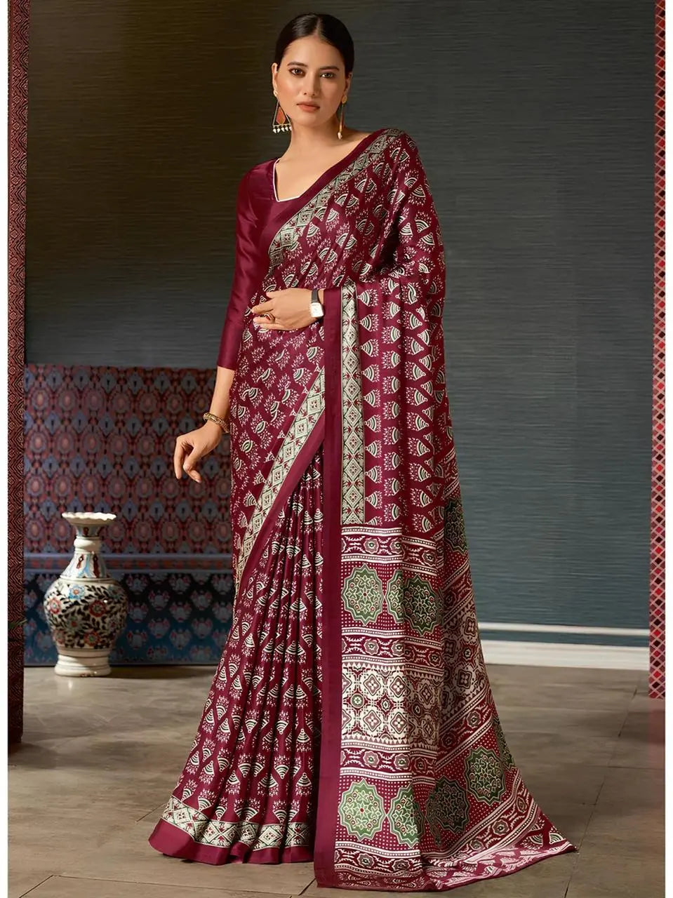 Ajrakh Digital Print Chinon Fabric Saree With Very Soft in Texture - NextBuy