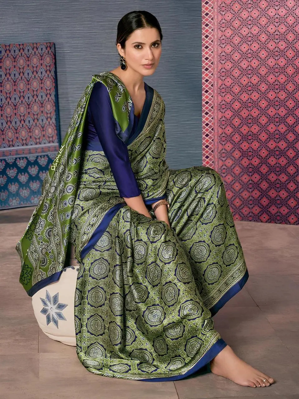 Ajrakh Digital Print Chinon Fabric Saree With Very Soft in Texture - NextBuy