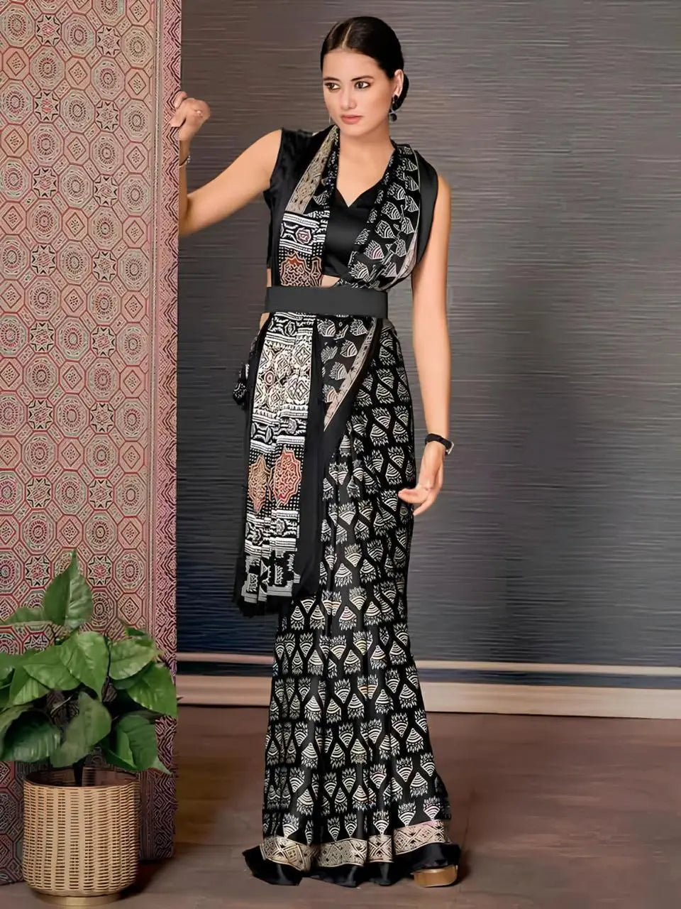 Ajrakh Digital Print Chinon Fabric Saree With Very Soft in Texture - NextBuy