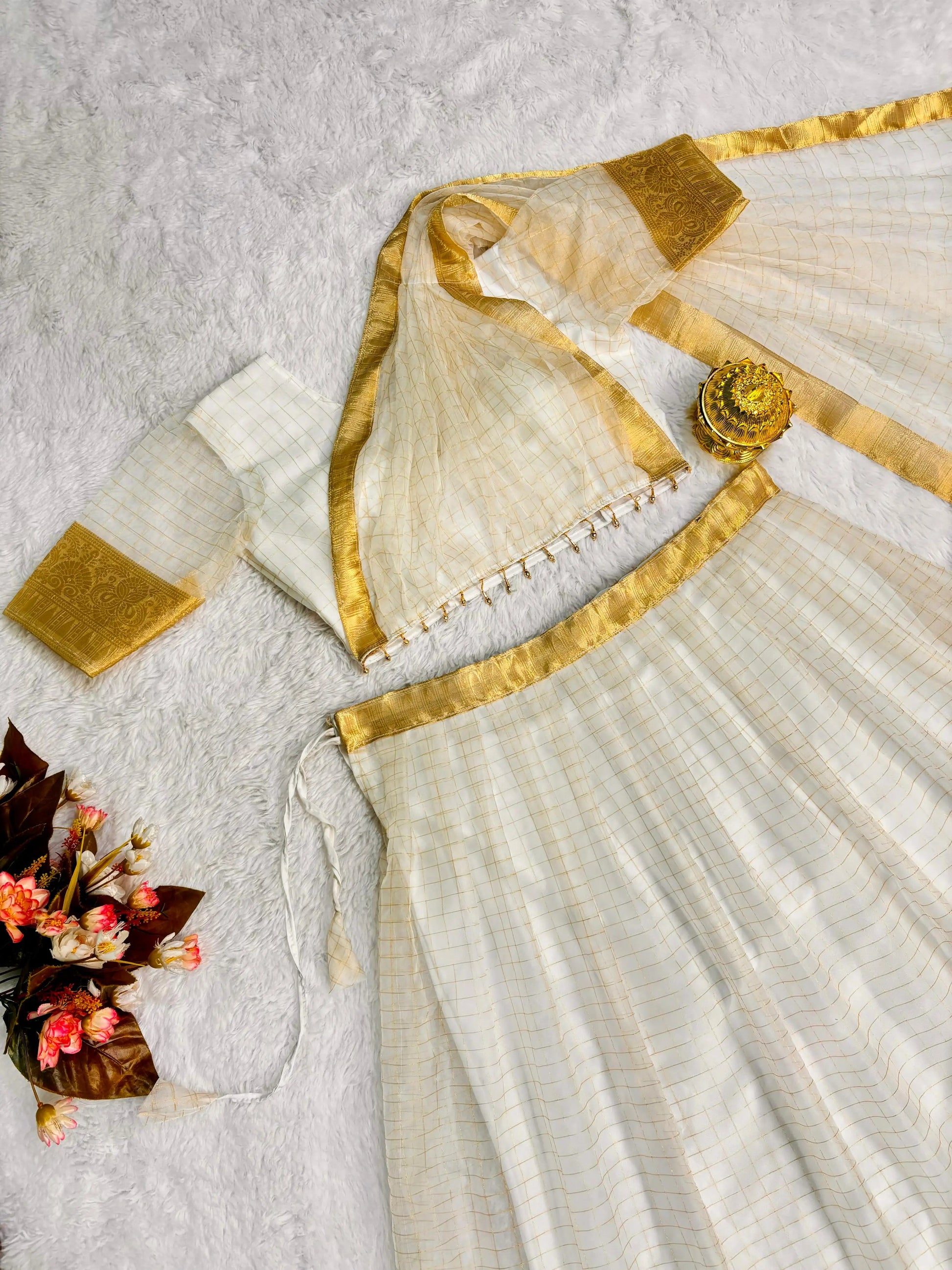 Special Organza Chex Lehenga Choli with Golden Jacquard work - NextBuy