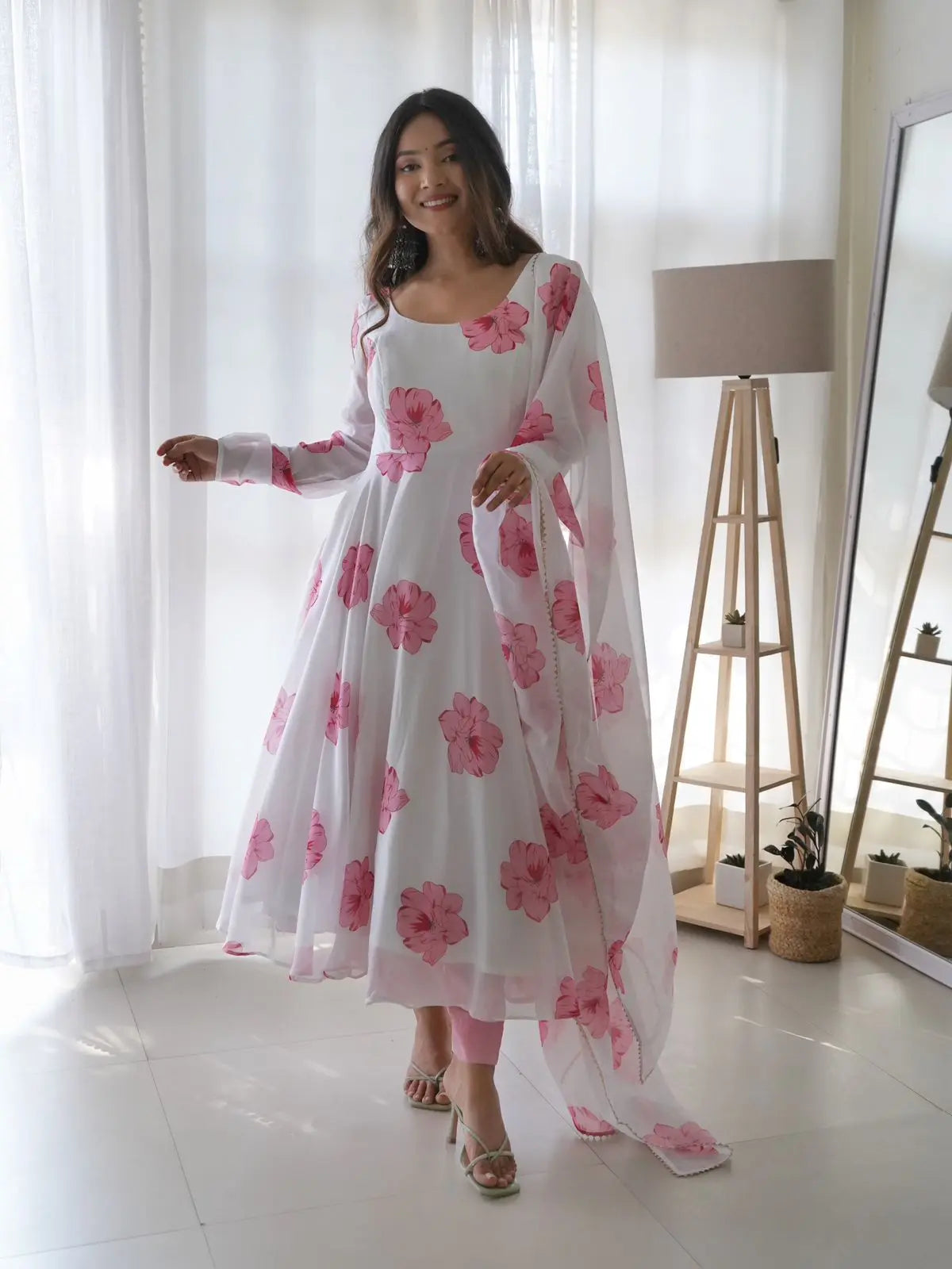 New Flower Print Maxi Dress With Dupatta - NextBuy