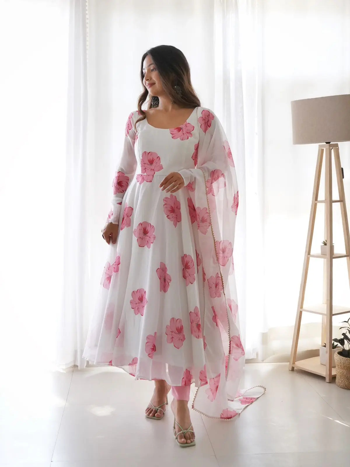 New Flower Print Maxi Dress With Dupatta - NextBuy