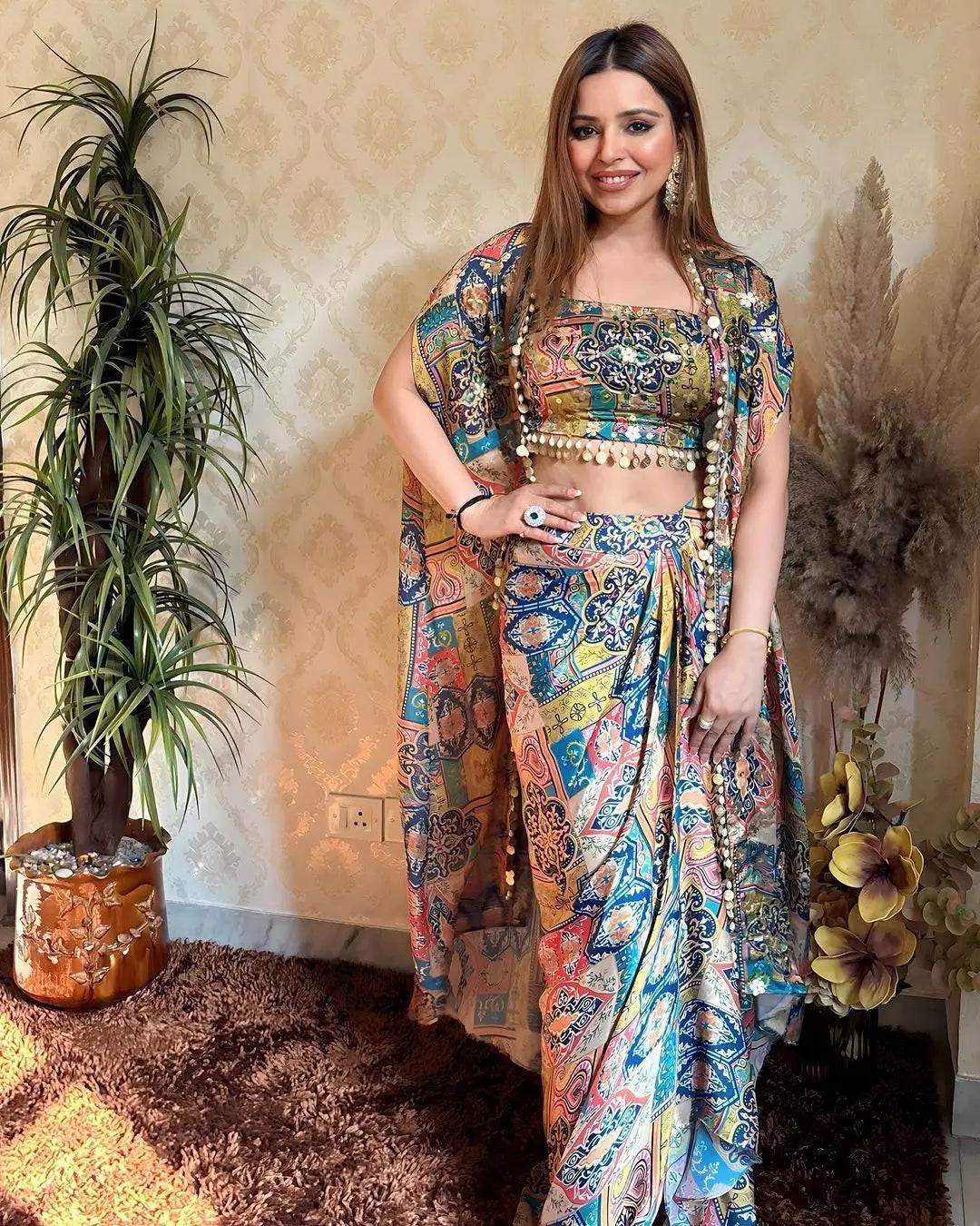DESIGNER FANCY WESTERN STYLE CREAP SILK PRINTED AND COIN LACE WORK KOTI, BLOUSE WITH WESTERN BOTTOM - NextBuy