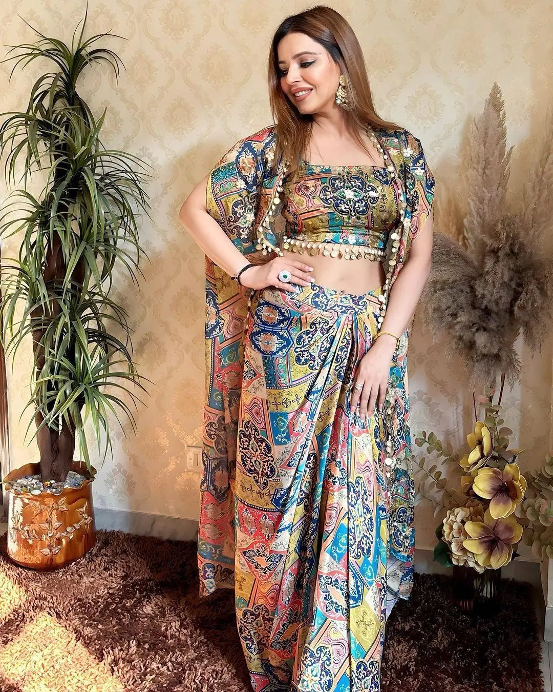 DESIGNER FANCY WESTERN STYLE CREAP SILK PRINTED AND COIN LACE WORK KOTI, BLOUSE WITH WESTERN BOTTOM - NextBuy