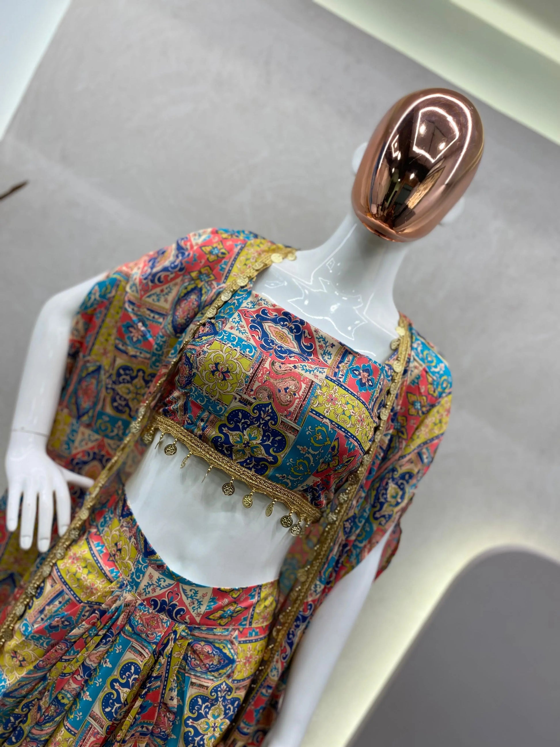 DESIGNER FANCY WESTERN STYLE CREAP SILK PRINTED AND COIN LACE WORK KOTI, BLOUSE WITH WESTERN BOTTOM - NextBuy