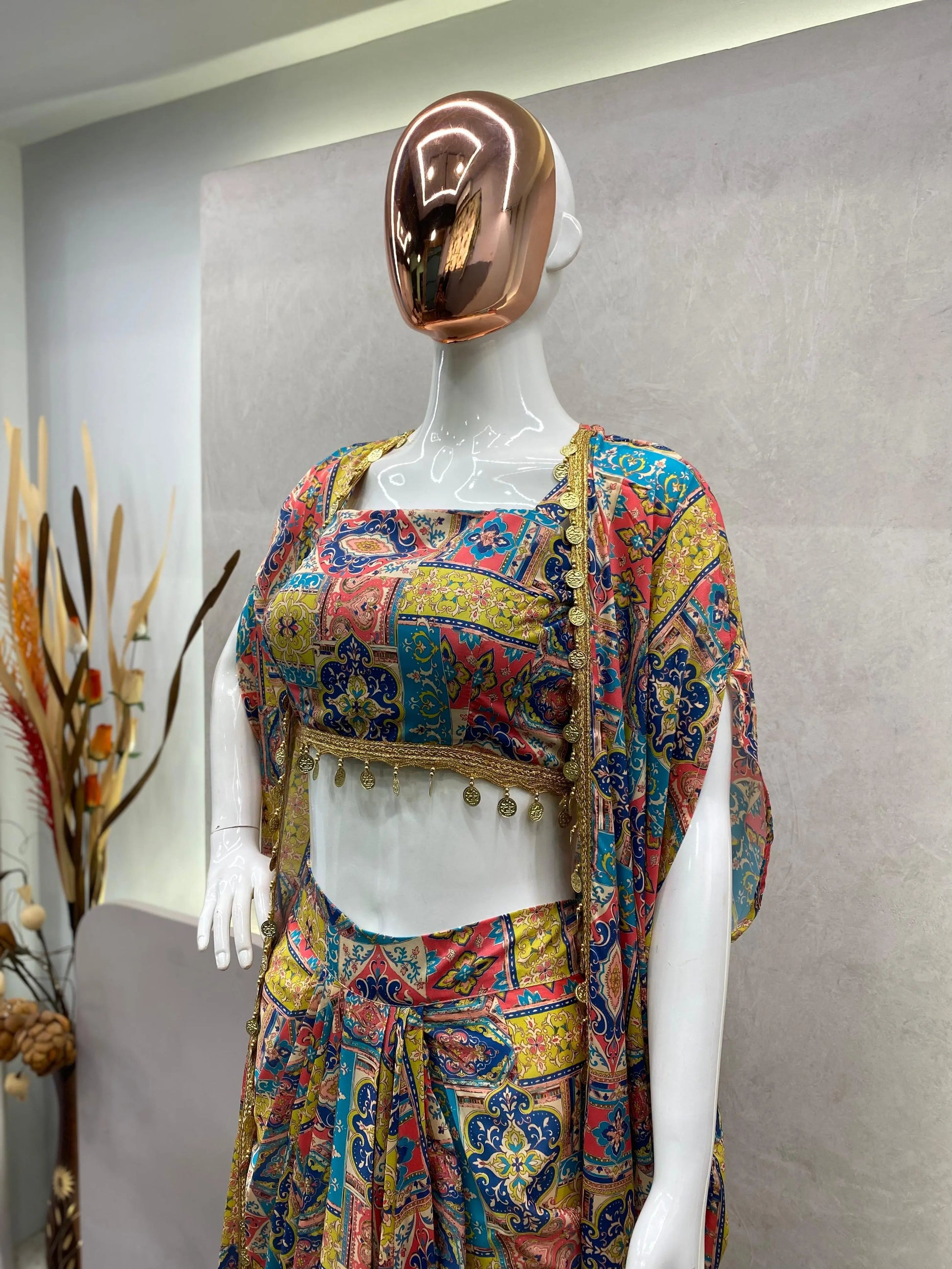 DESIGNER FANCY WESTERN STYLE CREAP SILK PRINTED AND COIN LACE WORK KOTI, BLOUSE WITH WESTERN BOTTOM - NextBuy