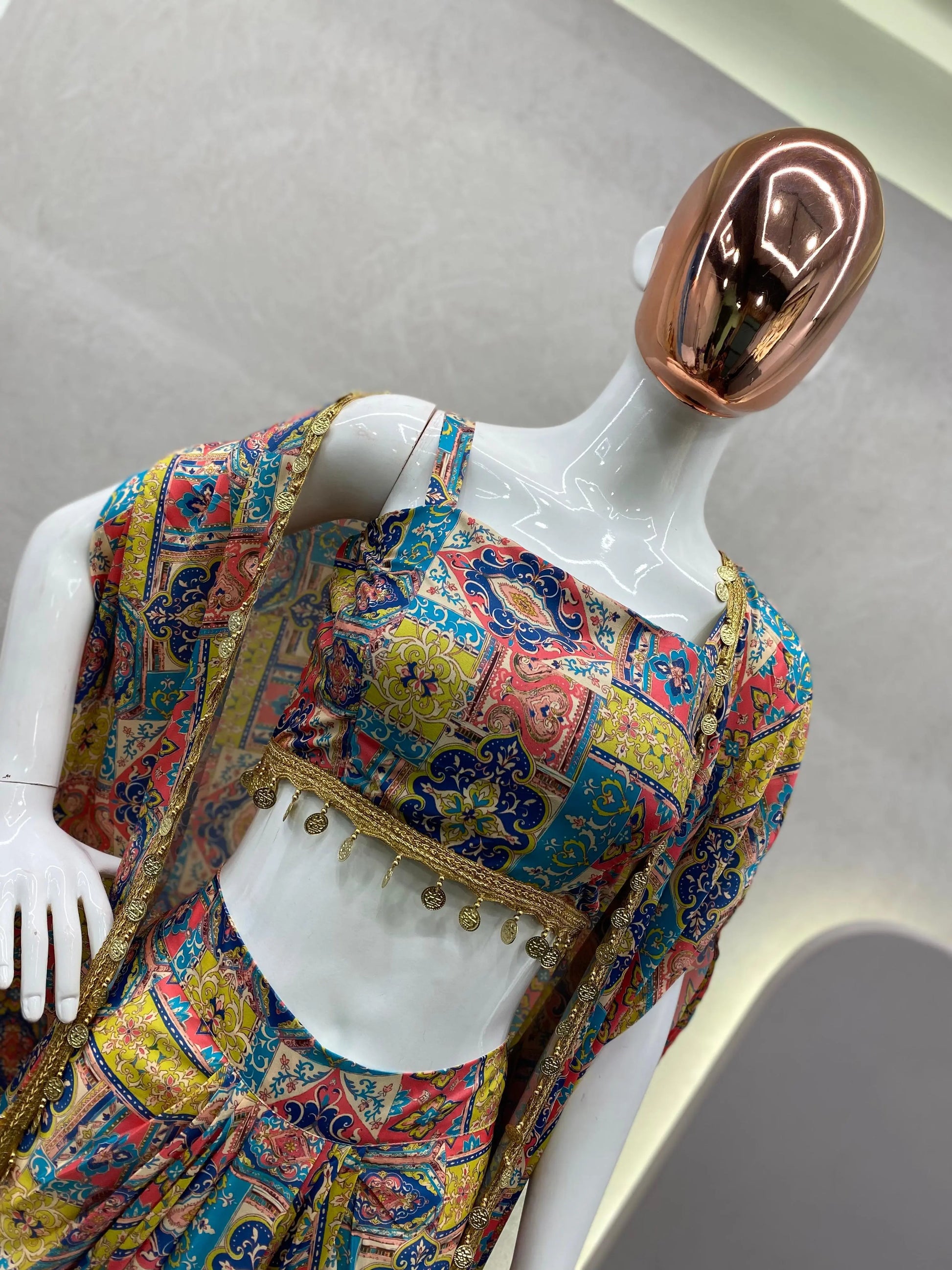 DESIGNER FANCY WESTERN STYLE CREAP SILK PRINTED AND COIN LACE WORK KOTI, BLOUSE WITH WESTERN BOTTOM - NextBuy