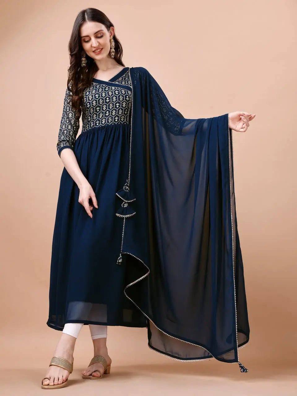 Foil Printed Angrakha Kurta With Handmade Latkan And Dupatta NextBuy