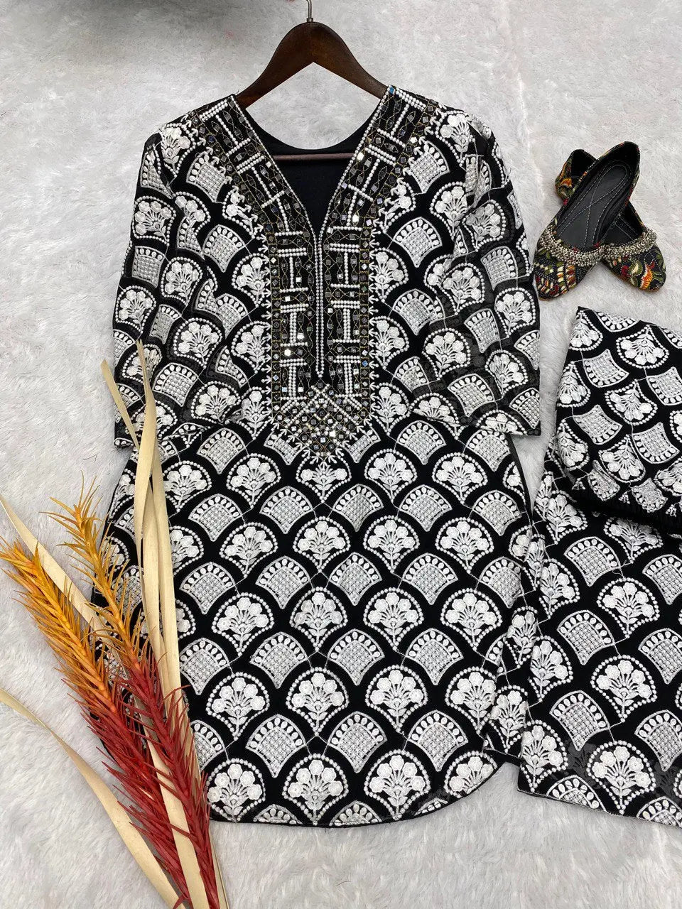 HEAVY COTTON THREAD EMBROIDED REAL MIRROR WORK TOP-PANT - NextBuy