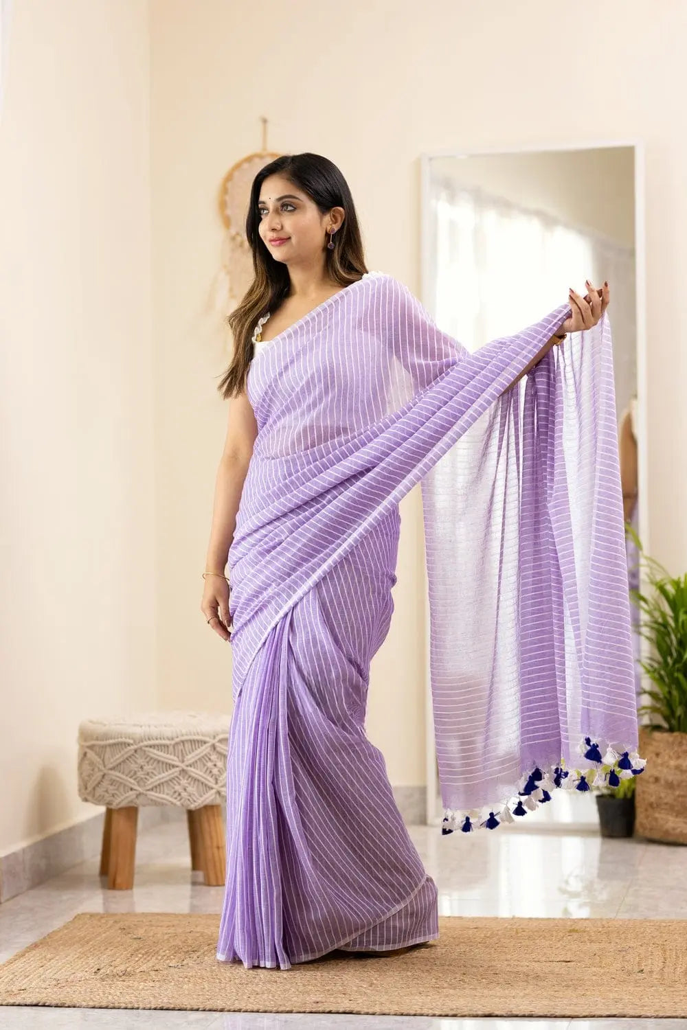 Saree - Soft LINEN Cotton Saree With Very Fancy Tassels Same As Shown In Picture NextBuy