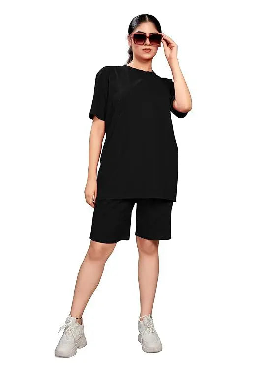 Women's Cotton Casual Wear Solid/Plain Night Suit Set of Top & Shorts, Co Ord Set - NextBuy
