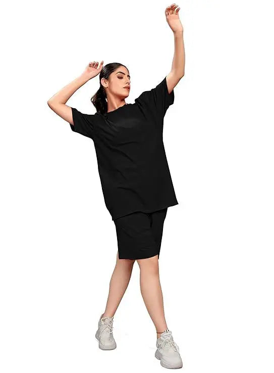 Women's Cotton Casual Wear Solid/Plain Night Suit Set of Top & Shorts, Co Ord Set - NextBuy