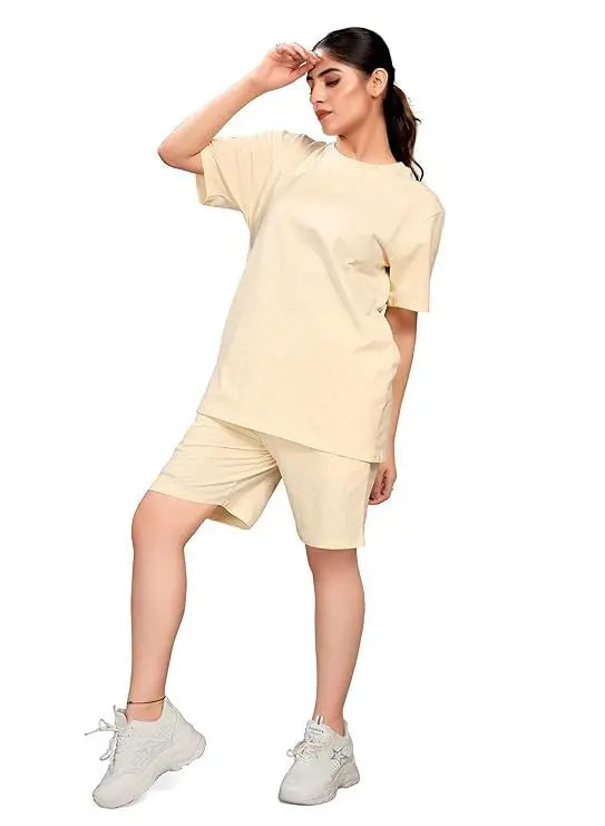 Women's Cotton Casual Wear Solid/Plain Night Suit Set of Top & Shorts, Co Ord Set - NextBuy
