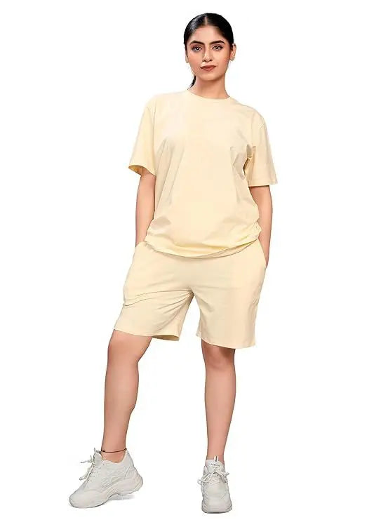 Women's Cotton Casual Wear Solid/Plain Night Suit Set of Top & Shorts, Co Ord Set - NextBuy