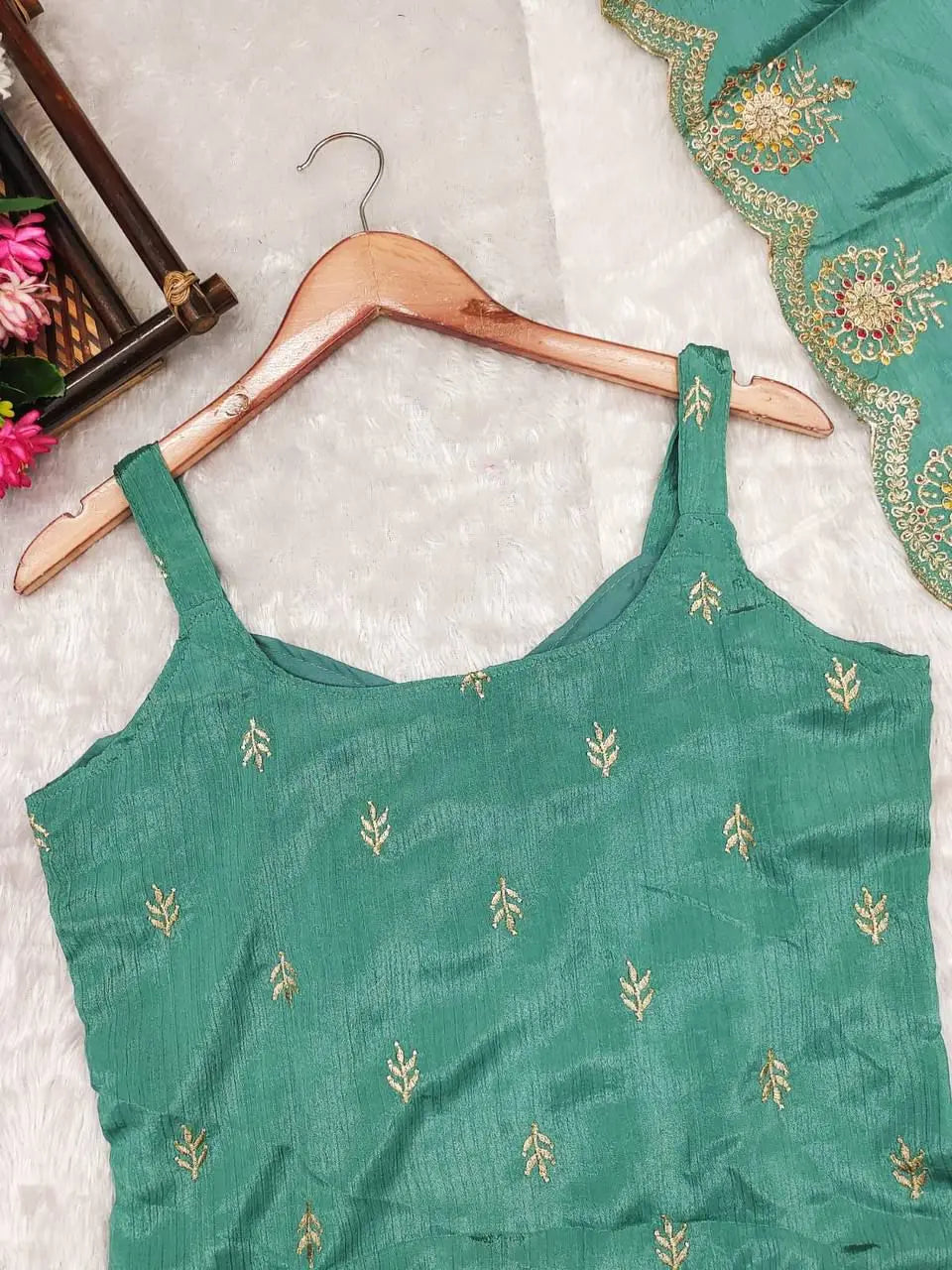 Floral Yoke Design Thread Work Round Neck Straight Kurta With Trousers & Dupatta NextBuy