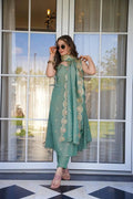 Floral Yoke Design Thread Work Round Neck Straight Kurta With Trousers & Dupatta NextBuy