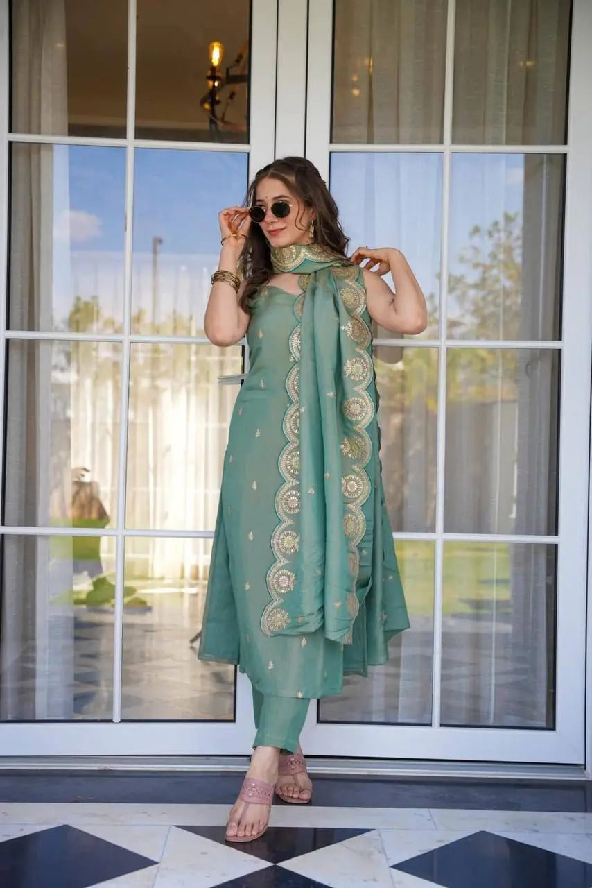 Floral Yoke Design Thread Work Round Neck Straight Kurta With Trousers & Dupatta NextBuy