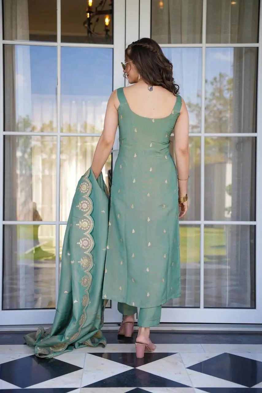 Floral Yoke Design Thread Work Round Neck Straight Kurta With Trousers & Dupatta NextBuy