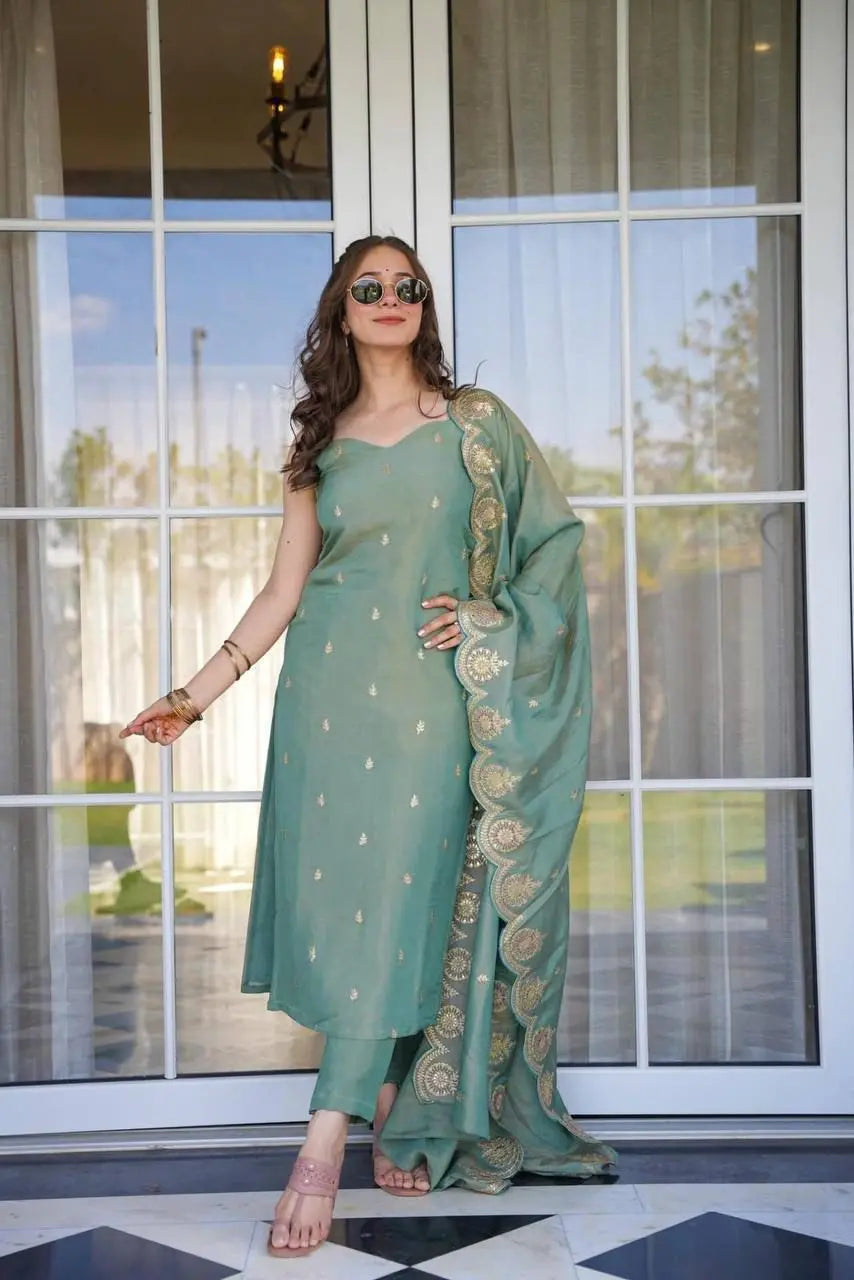 Floral Yoke Design Thread Work Round Neck Straight Kurta With Trousers & Dupatta NextBuy
